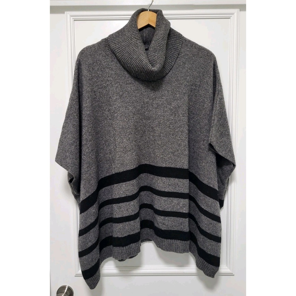 Tahari Wool Yak Blend Cowl Neck Poncho Sweater Gray Black Sz S